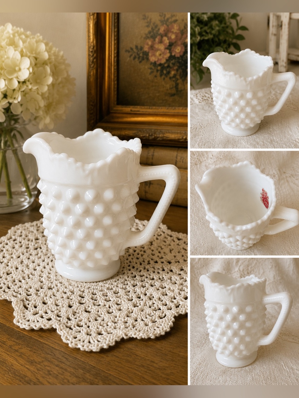 Vintage Fenton hobnail milk glass Creamer Pitcher White Ruffled Rim Handmade